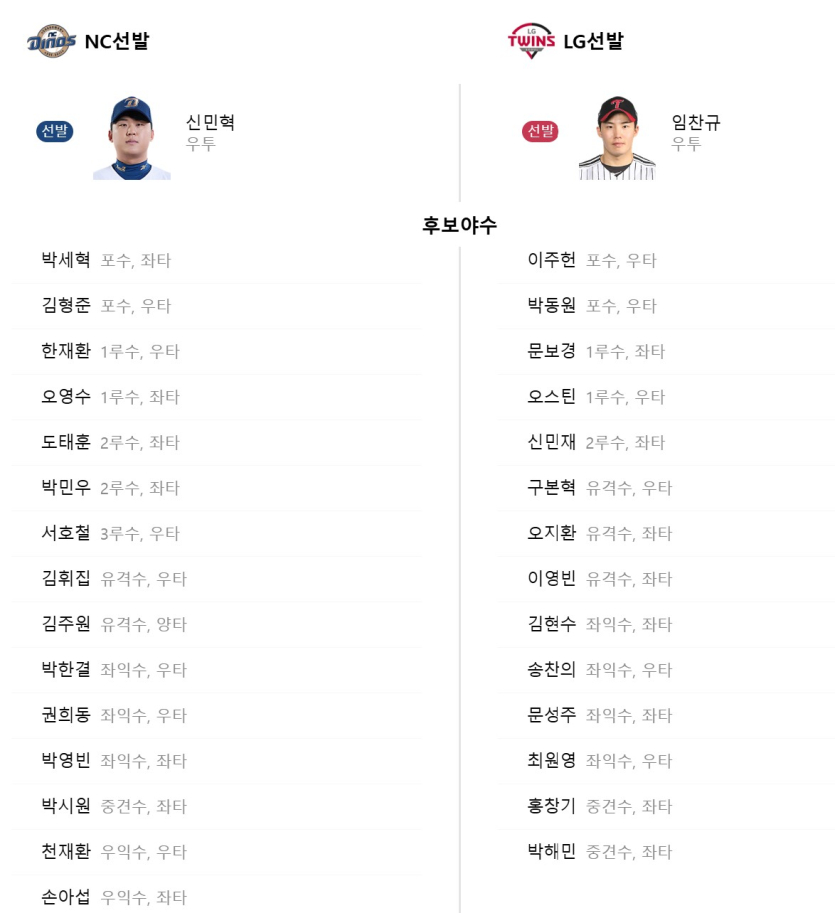 엔씨-vs-엘지-라인업-공개